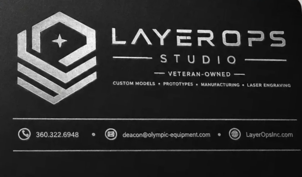 LayerOps Studio business card with logo, veteran-owned line, services, phone number, email, and website.