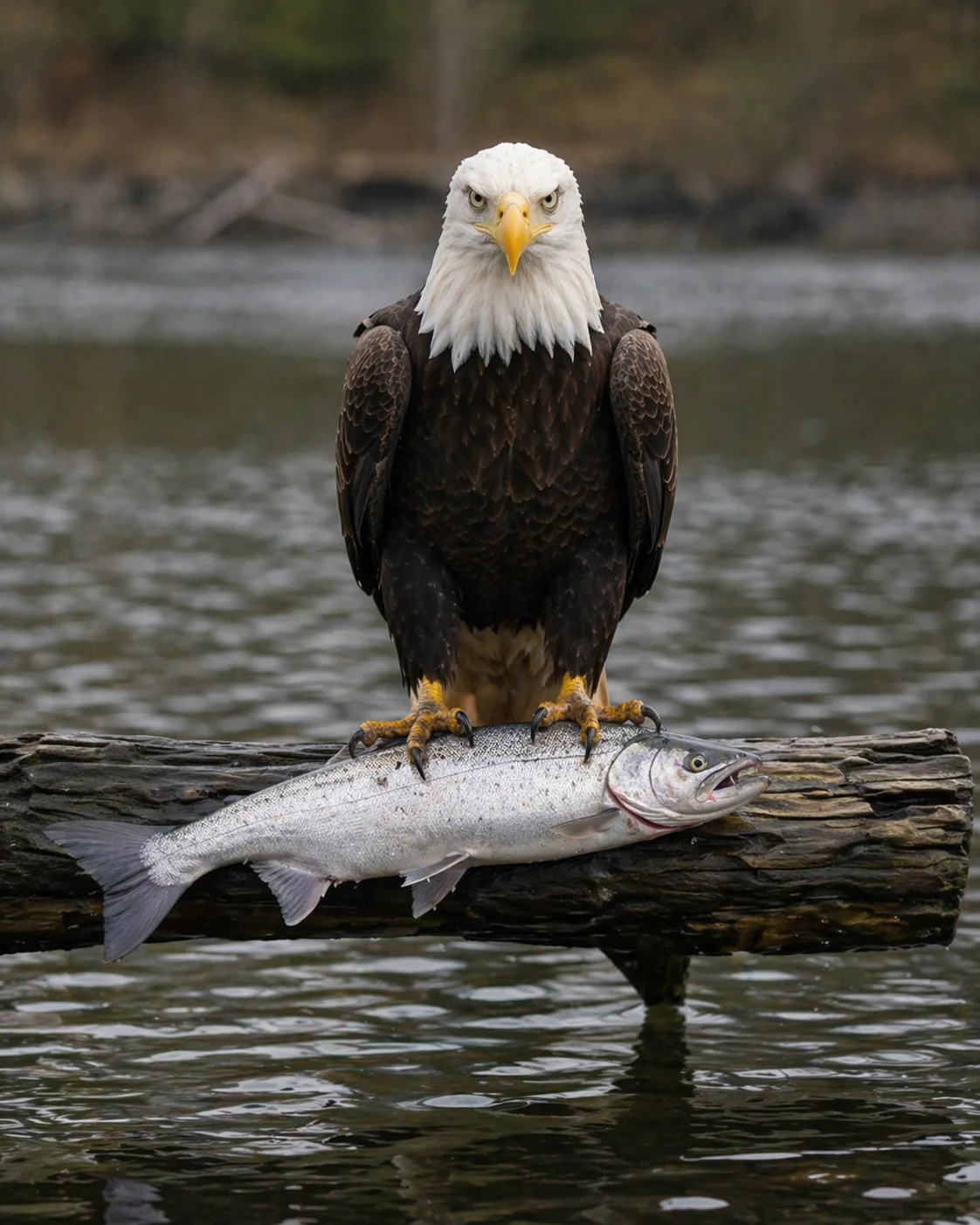 Phone-shot reference image of a bald eagle standing on a fish.
